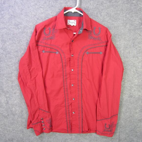 Ace of Diamond Shirt Mens Medium Red Western Pearl Snap Embroidered Horse Shoe - Picture 1 of 11
